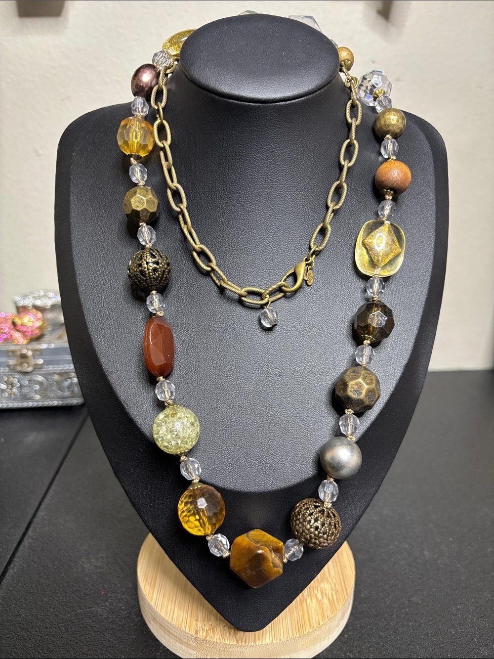 Premier Designs Mixed Media Amber Gold Beaded Necklace Glass Acrylic Statement